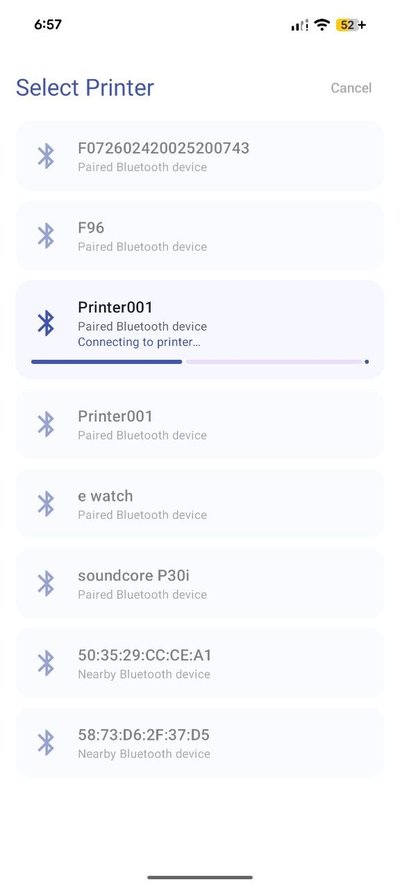 Selecting a Bluetooth printer in the app