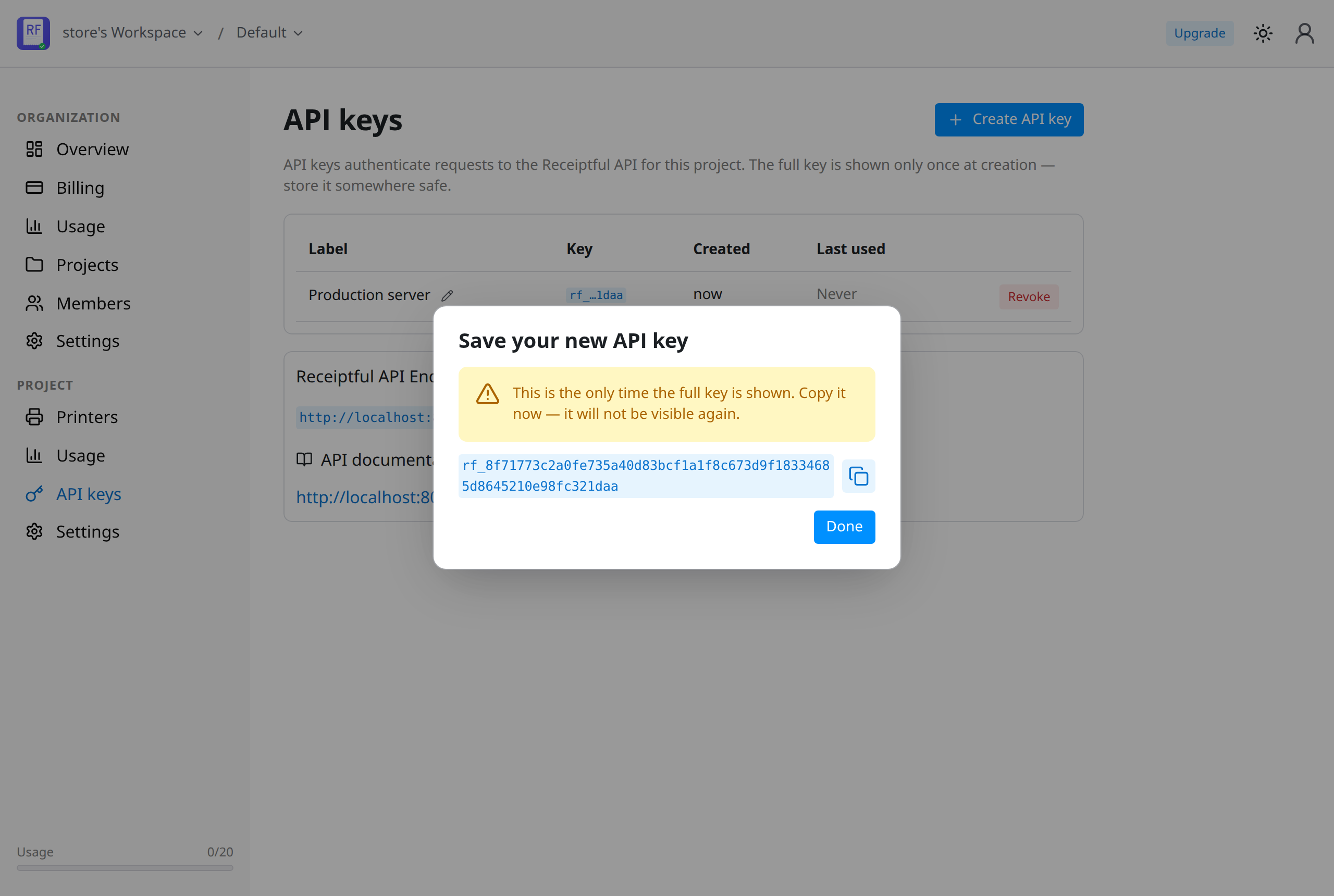 Creating an API key in the console