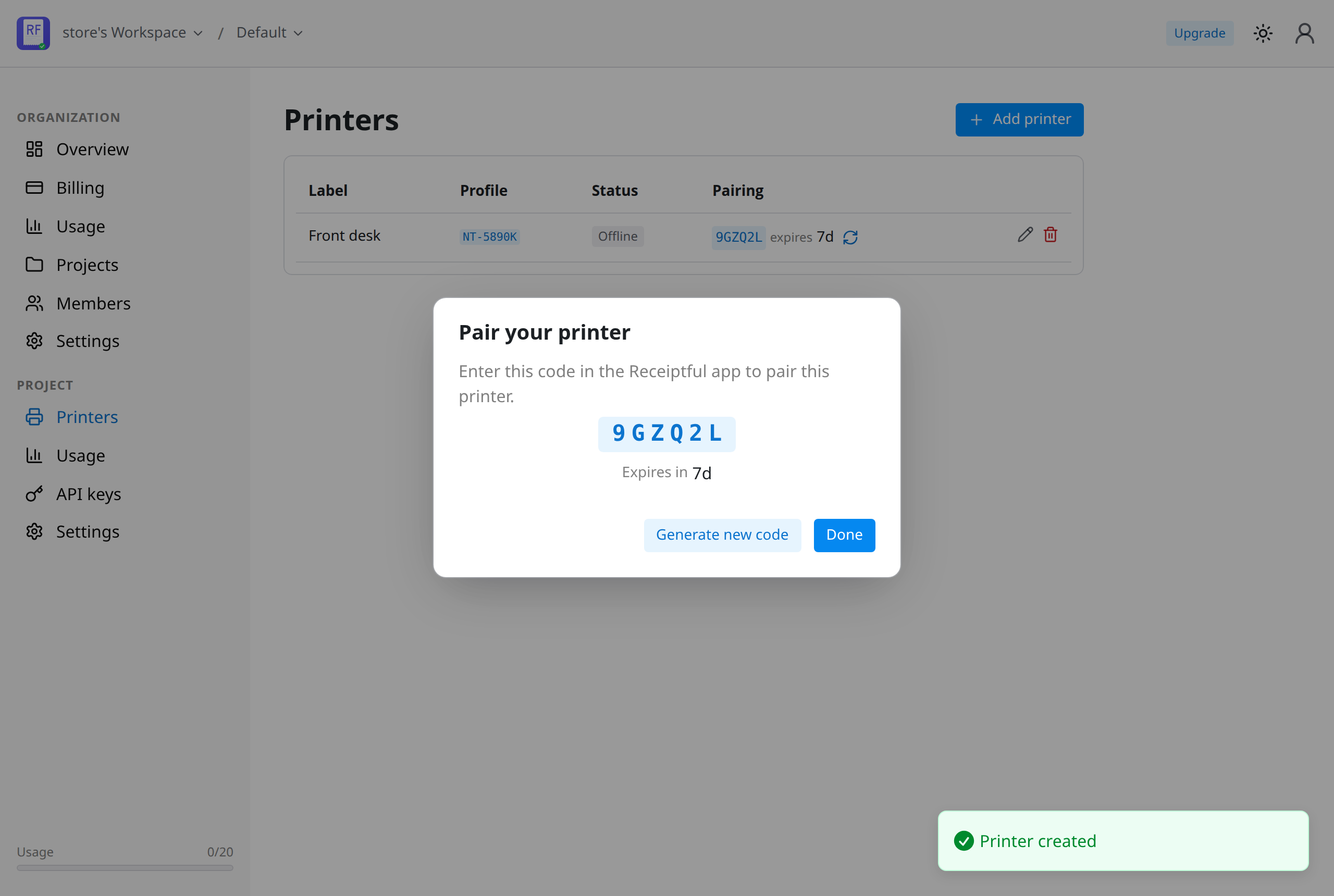 The pairing code for your new printer