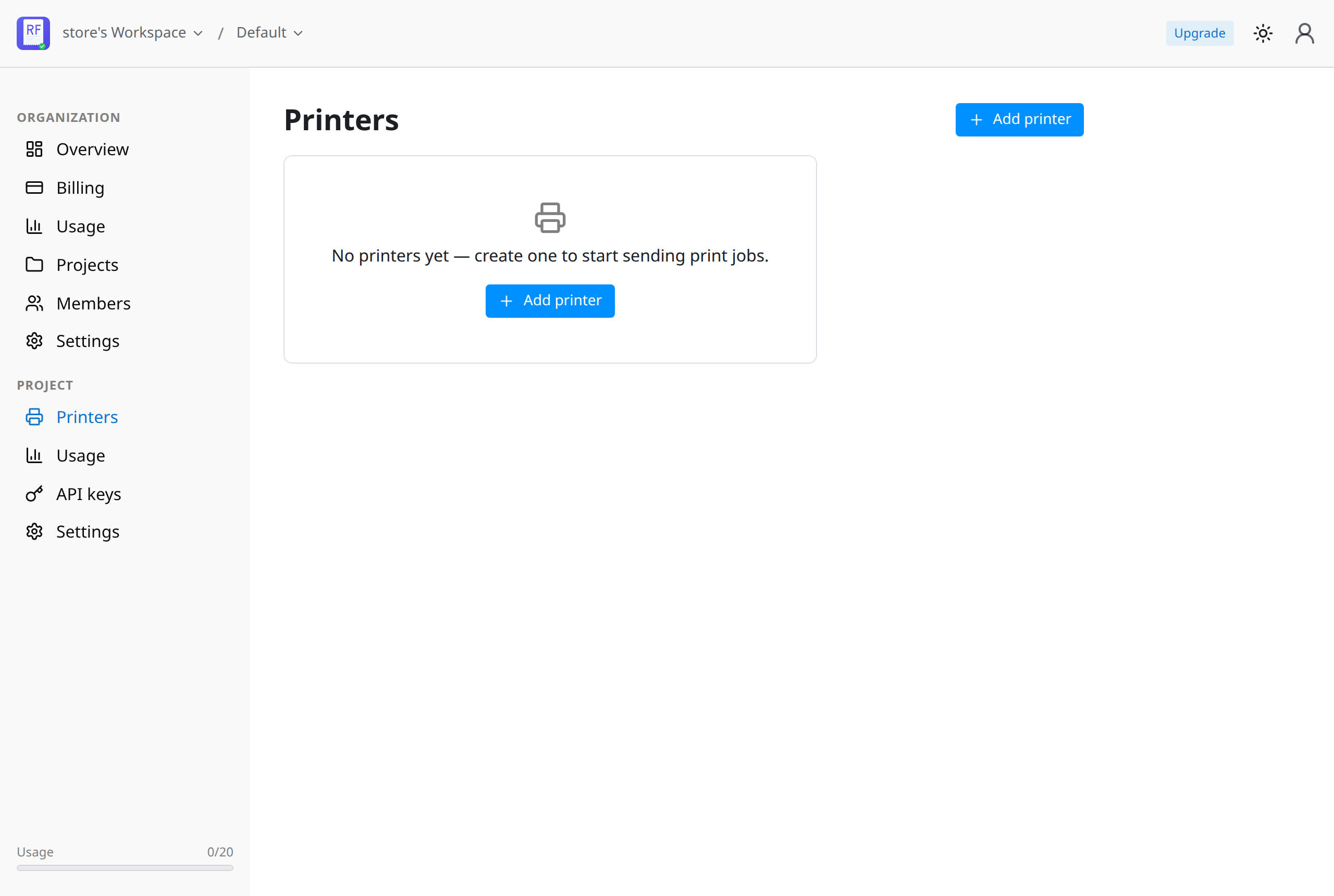A fresh Receiptful workspace, ready for its first printer